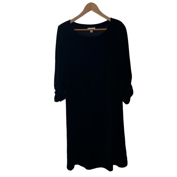Susan Graver Black Velour Shift Dress Size Large 3/4 Rouch sleeve Stretch - Picture 1 of 11